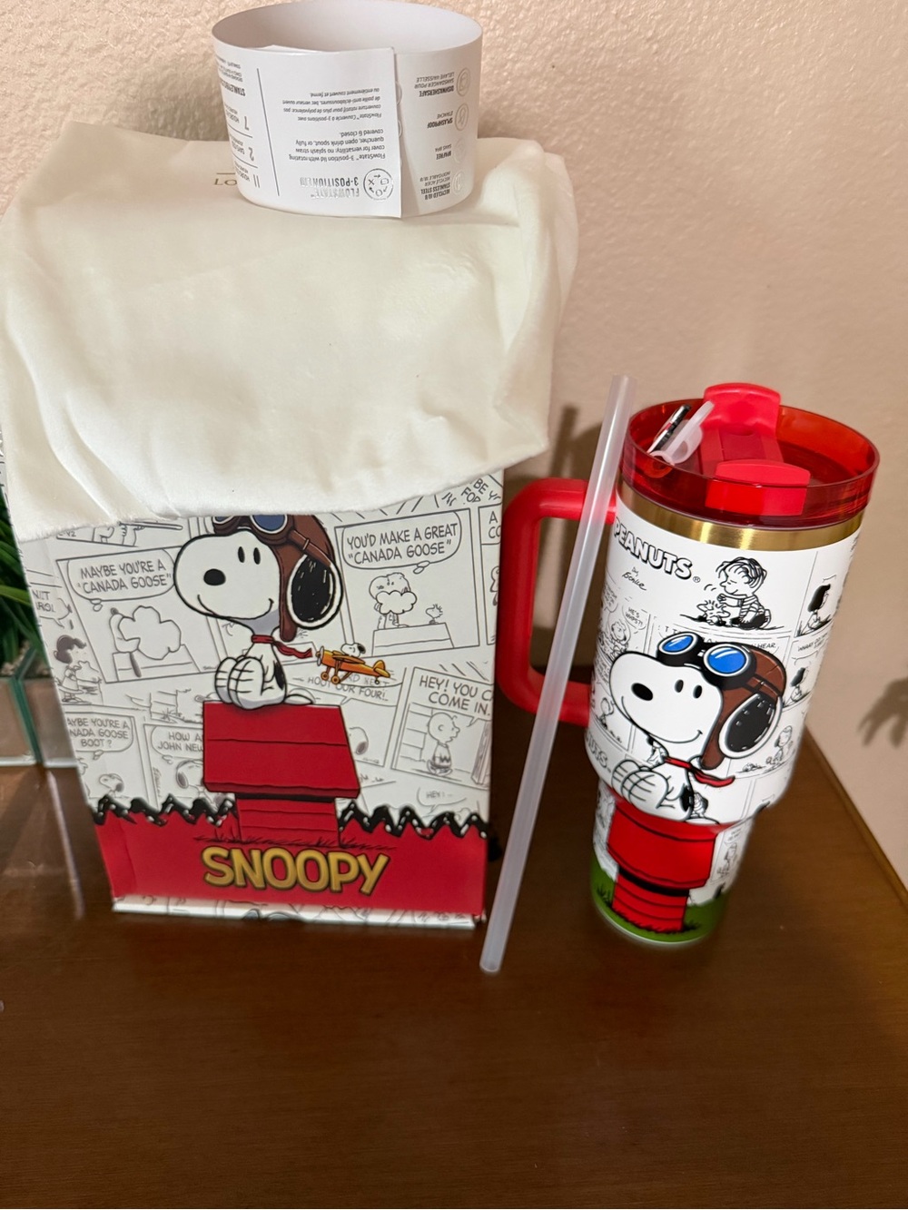 Peanuts Snoopy Red and White Travel Tumbler with Straw and Handle